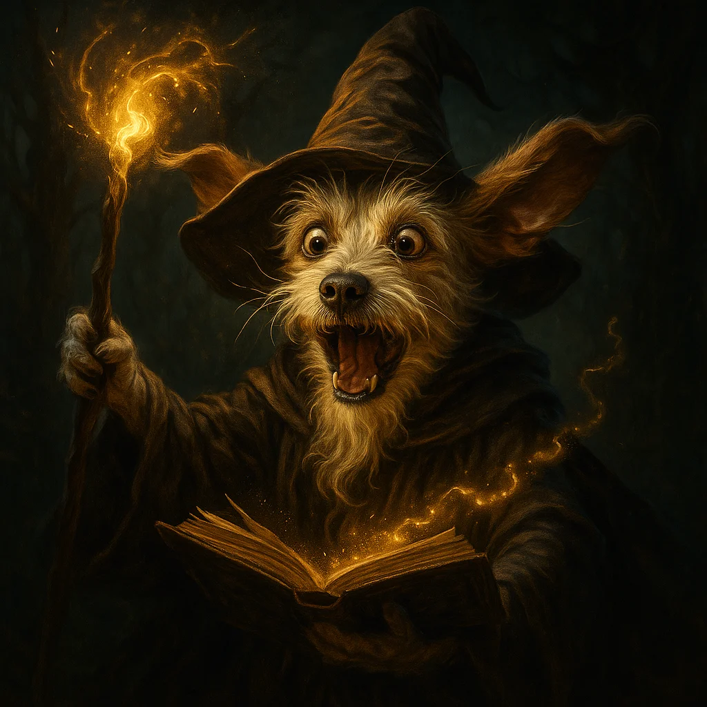 AI wizard pet portrait with staff and magical robes