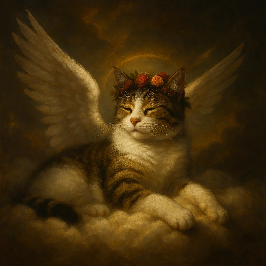 AI angel pet portrait with wings and halo